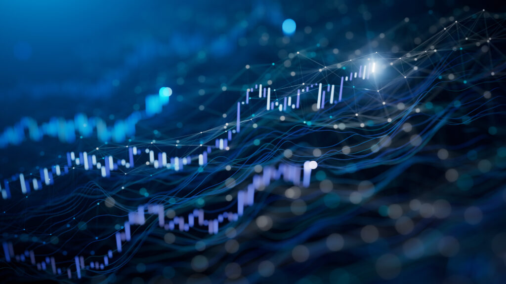 Abstract digital visualisation of financial market data with glowing candlestick charts and interconnected data points on a dark blue background