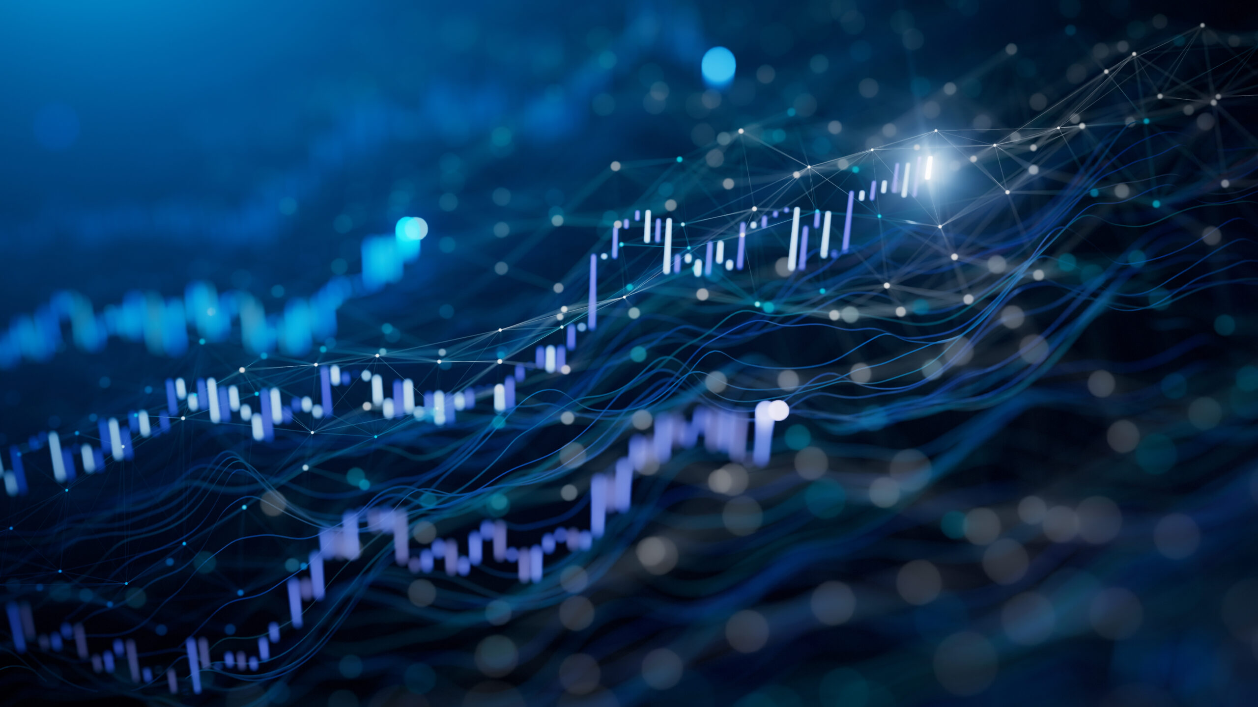 Abstract digital visualisation of financial market data with glowing candlestick charts and interconnected data points on a dark blue background